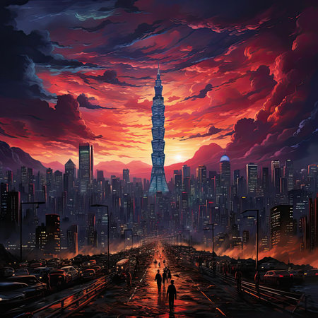Futuristic anime city at sunset with detailed buildingsの素材