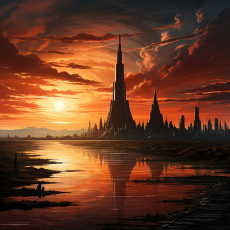 City painting at sunset with towers and waterの素材