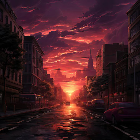 Exquisite city at sunset in anime art styleの素材
