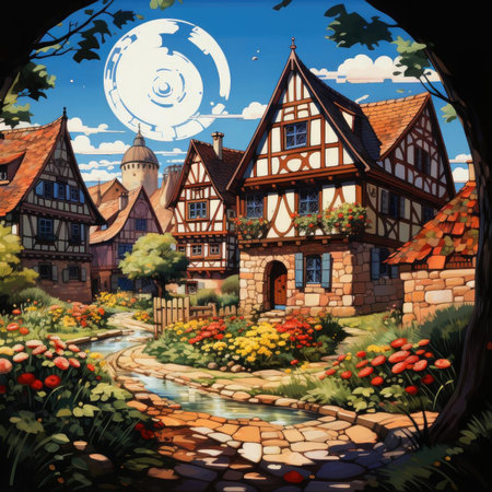 Quaint village with flowers and dreamlike architectureの素材