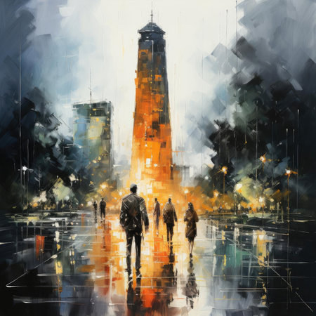 Nighttime painting of people walking outside in the cityの素材