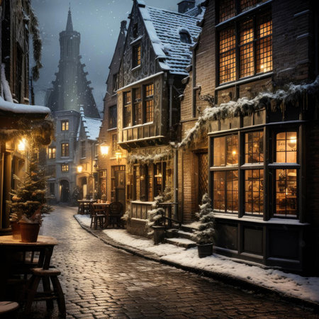 Snowy christmas street scene in an old townの素材
