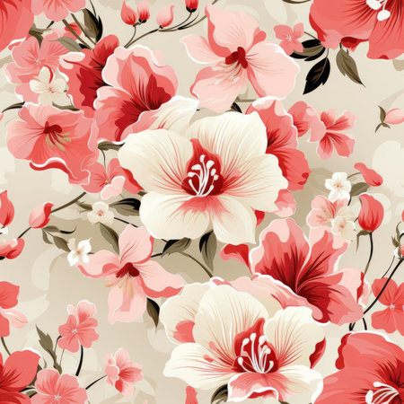 Realistic flower pattern with blossoming flowers on a beige background (tiled)の素材