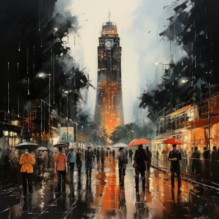 Paintings of people in the rain with skillful lightingの素材