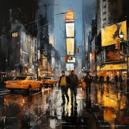 Rainy street painting of a couple walking in a New York Cityscapeの素材
