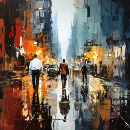 Abstract painting of people walking on a city street, with realistic color schemesの素材
