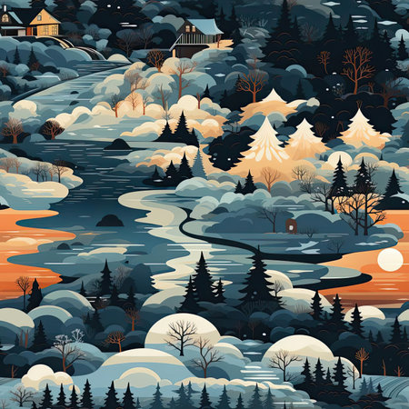 Vibrant winter woodland illustration with detailed patterns and layered landscapes (tiled)の素材