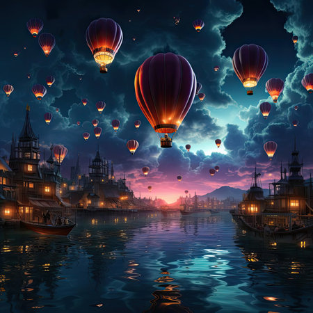 Hot air balloons over calm water at night with illuminated boatsの素材