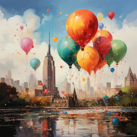 Colorful balloons fly above the city in a romantic sceneの素材
