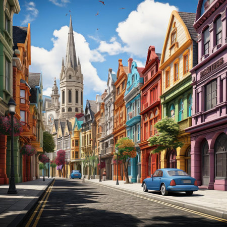 Colorful buildings in a vibrant street sceneの素材