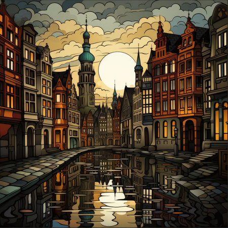 Art print illustration of an old city with reflections and mirroringの素材
