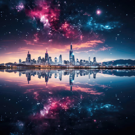 Cityscape with galaxy reflections in a symmetrical compositionの素材