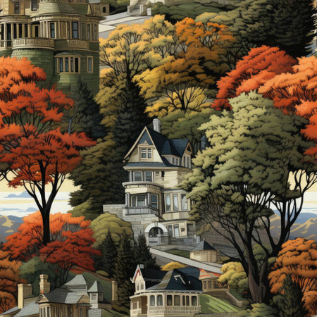 Wallpaper with tall buildings on a hillside in gray and amber tones (tiled)の素材