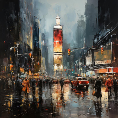 Oil painting of a rain-soaked New York City streetの素材