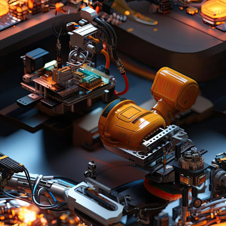 Robotic machine with small objects, in a dark gold and orange setting (tiled)の素材