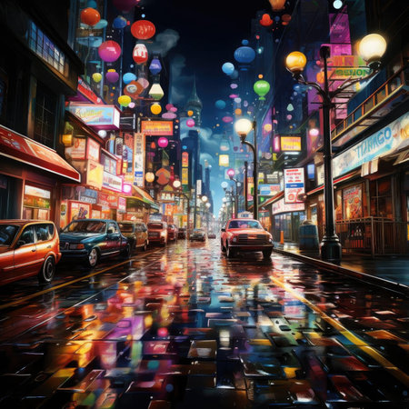 Colorful city street at night with lanterns and cars in fantasy styleの素材