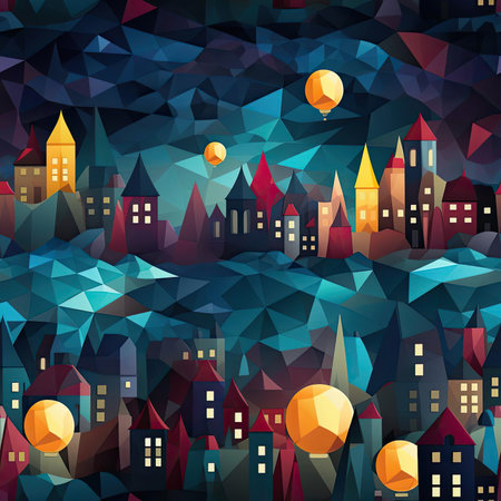 Low poly art style night pattern with buildings and balloons (tiled)の素材