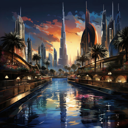Futuristic city skyscrapers line a canal with a touch of exoticismの素材