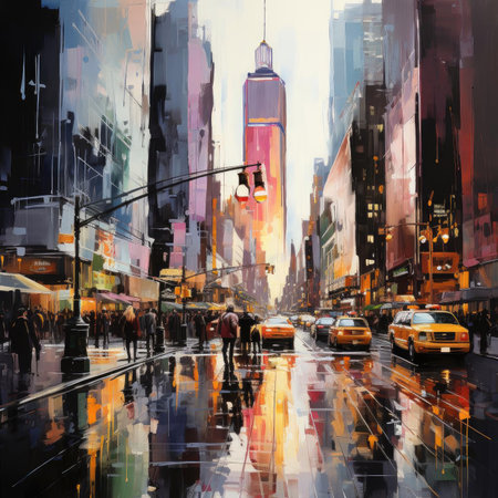 Wet city street painting with vibrant reflectionsの素材