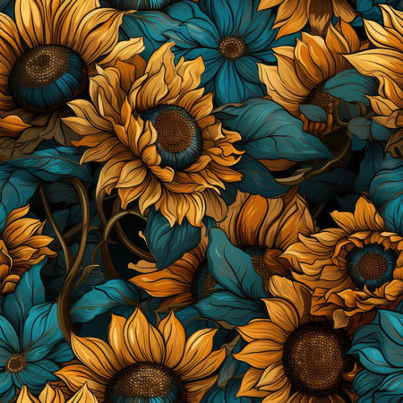 Vibrant vector illustrations of sunflowers on various backgrounds (tiled)の素材