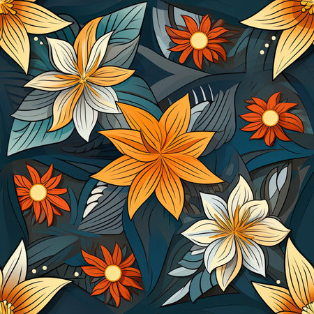 Floral pattern with orange flowers on blue background (tiled)の素材