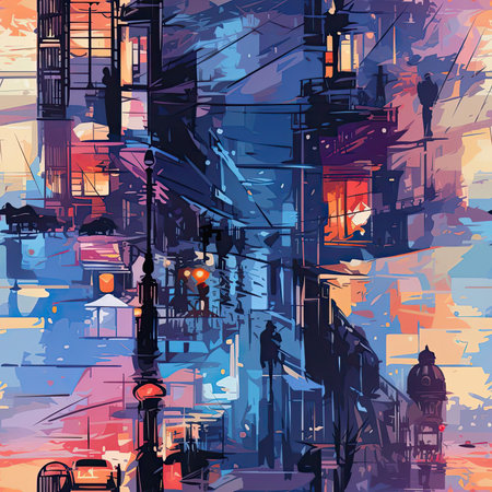 Colorful city at night with a vibrant palette and psychological phenomena (tiled)の素材