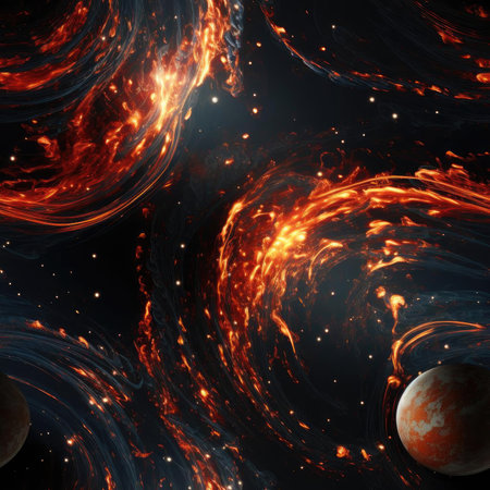 Explosive planets with swirling flames in a colorful and mind-bending space (tiled)の素材