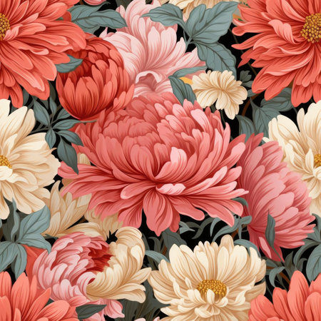 Colorful floral pattern with chrysanthemums and leaves (tiled)の素材