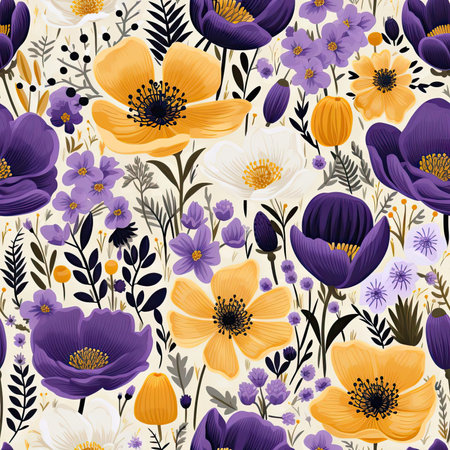 Exquisite floral pattern with purple and yellow flowers on a white background (tiled)の素材