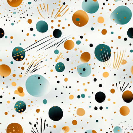 Abstract geometric pattern with gold, black, and orange circles (tiled)の素材