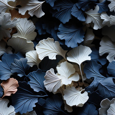 Arrangement of blue and white leaves with multilayered surfaces (tiled)の素材