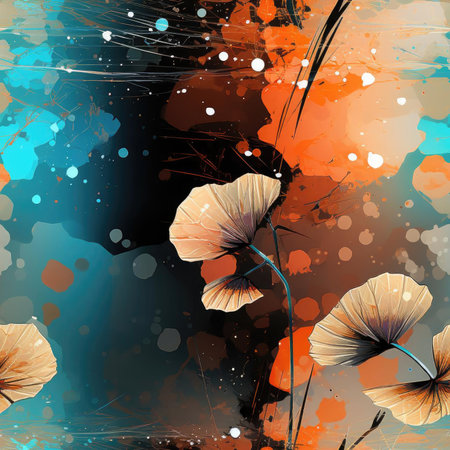 Watercolor flowers on a blue and orange background, with expressive manga style drips and splattersの素材