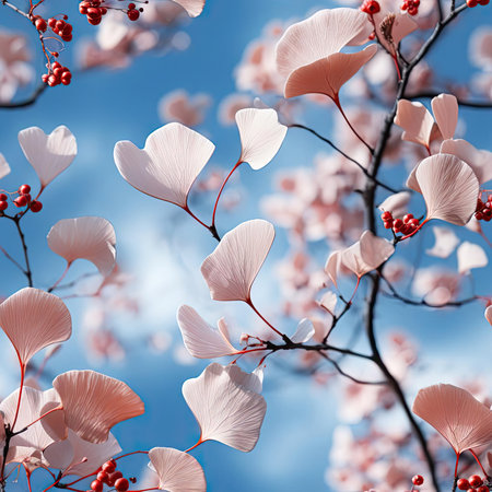 Pink branches with ginkgo berries against a blue sky (tiled)の素材