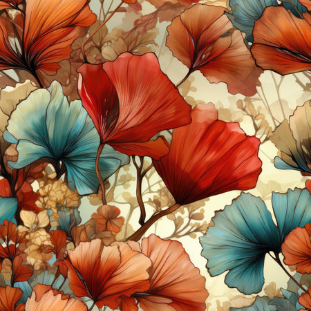 Abstract floral wallpaper pattern with red leaves and blue flower, in the style of stained glassの素材
