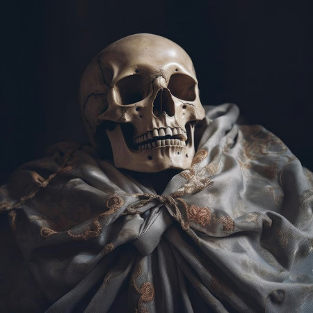 Human skull with scarf on dark background - halloween or horror conceptの素材