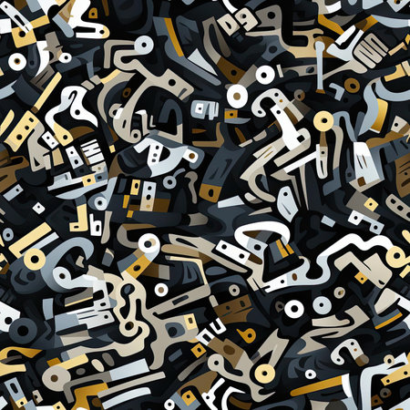 Abstract pattern of mechanical objects in black, white, and gold (tiled)の素材