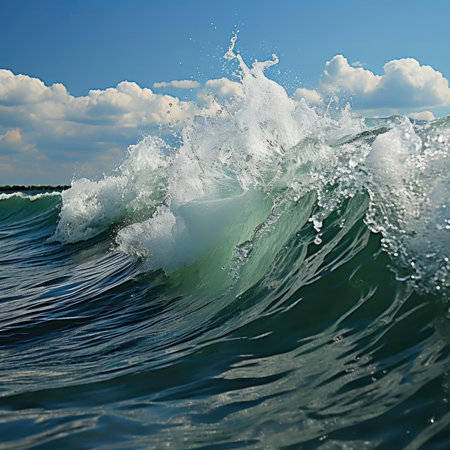 Large wave with a blue sky above the waterの素材
