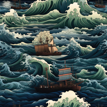 Detailed illustration of ships and waves on the sea (tiled)の素材