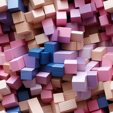 Close-up of 3D blocks of pink, blue, and purple bricks (tiled)の素材