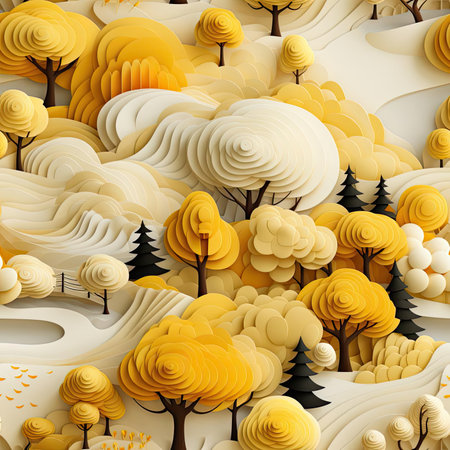 3D yellow tree landscape on paper with flowing textures (tiled)の素材