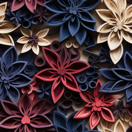 Intricate paper flowers in red, blue, and purple colors (tiled)の素材