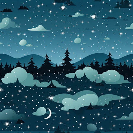 Whimsical nightscapes with trees, mountains, moon, and clouds (tiled)の素材