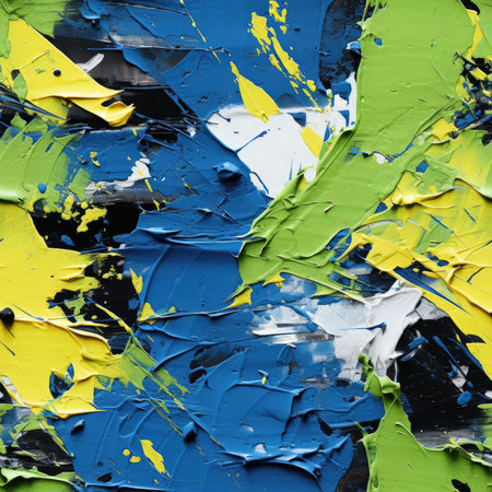 Vibrant abstract painting with blue, yellow, and green hues (tiled)の素材