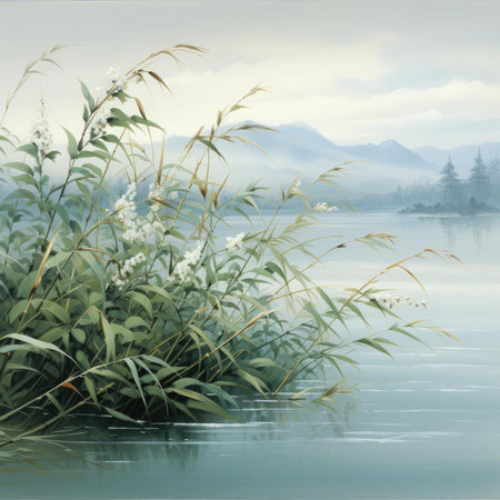 Tall grass near the river with nostalgic romanticism and detailed marine viewsの素材