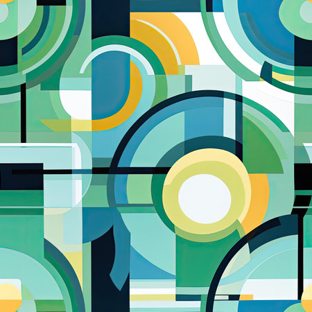 Abstract geometric pattern in blue and green with white circles and squares (tiled)の素材