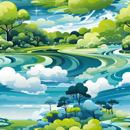 Colorful cartoon landscape with trees and water in repeating patterns (tiled)の素材