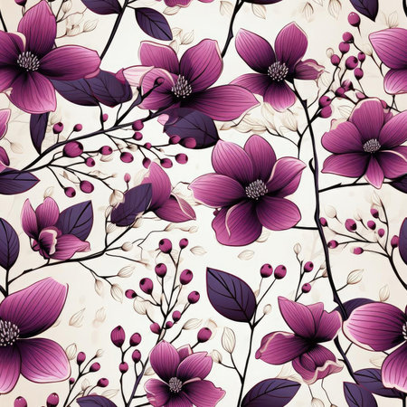 Colorful wallpaper with purple flowers on a beige background (tiled)の素材