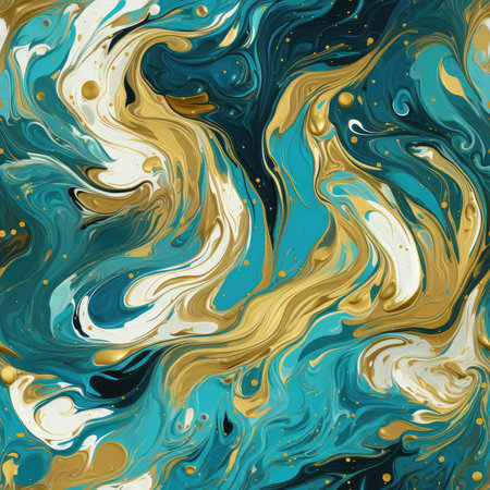 Abstract swirl pattern in blue, gold, and green ink (tiled)の素材