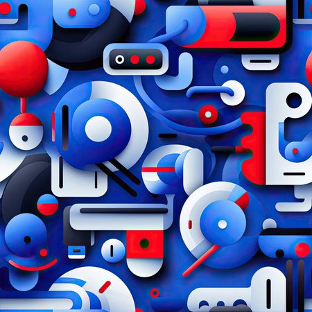 Geometric red and blue pattern with scattered objects (tiled)の素材