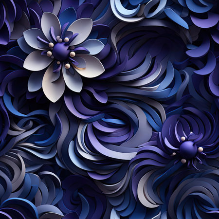 Blue paper flower with silver swirls on a purple and gray background (tiled)の素材